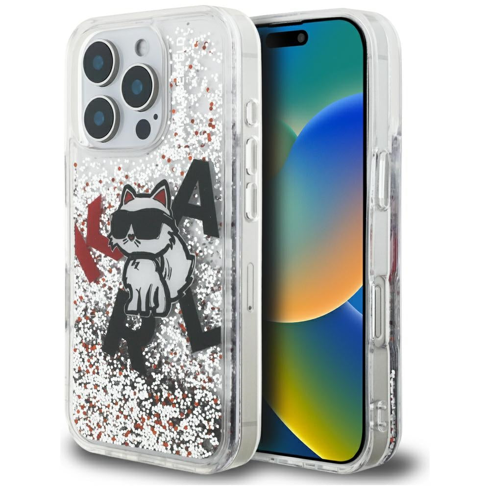 Étui MagSafe pour Apple iPhone 16 Pro, Karl Lagerfeld, Logo Choupette à Paillettes Liquides, Transparent