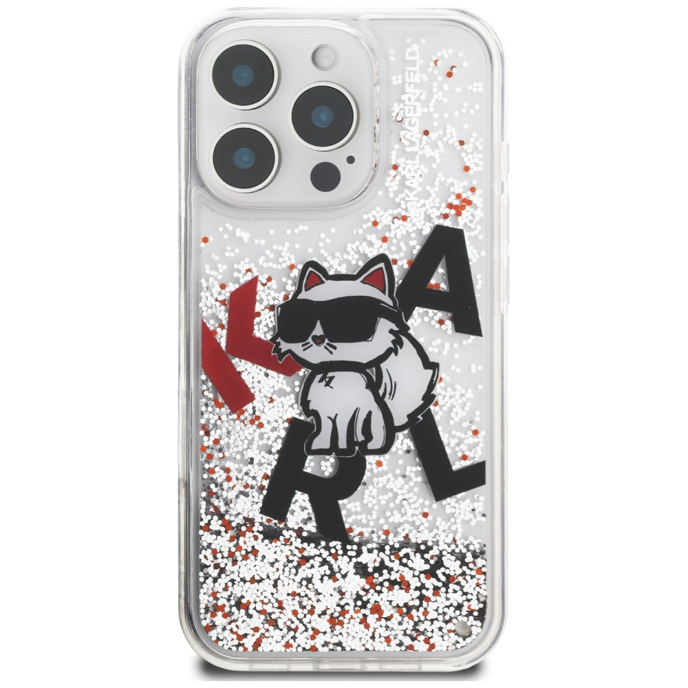 Étui MagSafe pour Apple iPhone 16 Pro, Karl Lagerfeld, Logo Choupette à Paillettes Liquides, Transparent