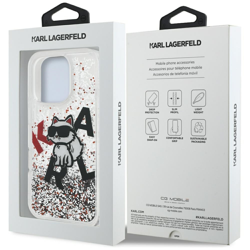 Étui MagSafe pour Apple iPhone 16 Pro, Karl Lagerfeld, Logo Choupette à Paillettes Liquides, Transparent