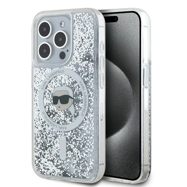 MagSafe Case for Apple iPhone 16 Pro, Karl Lagerfeld, Liquid Glitter Karl's Head, Transparent