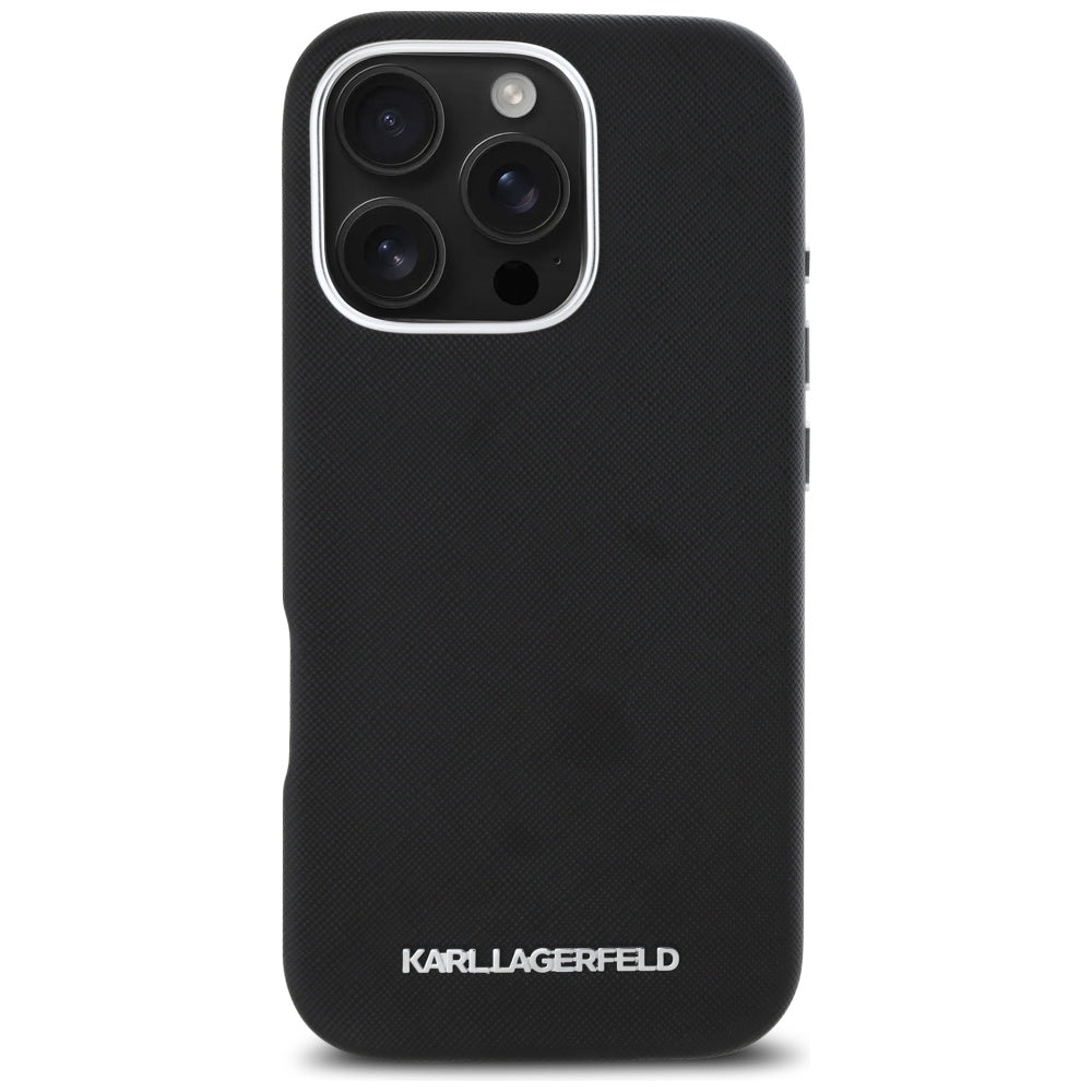 Étui MagSafe pour Apple iPhone 16 Pro, Karl Lagerfeld, Saffiano Full Wrapped Elongated Metal Logo, Noir