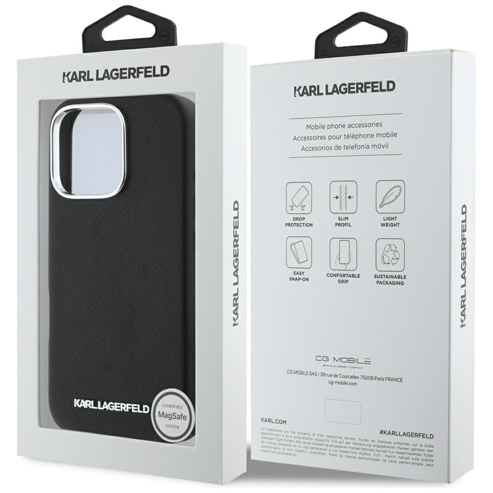 Étui MagSafe pour Apple iPhone 16 Pro, Karl Lagerfeld, Saffiano Full Wrapped Elongated Metal Logo, Noir