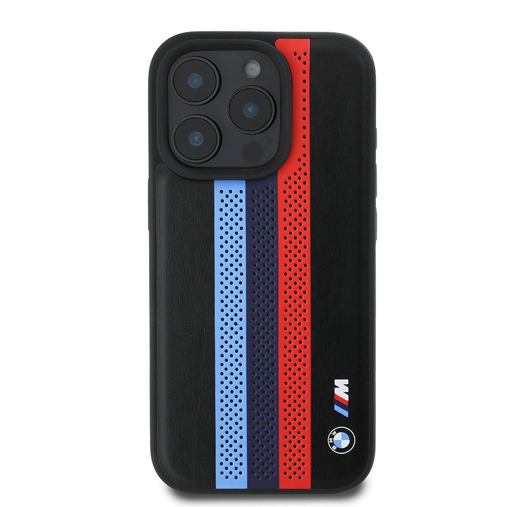 MagSafe Hülle für Apple iPhone 16 Pro Max, BMW, Perforated M Perf. Tricolor Stripers, Schwarz
