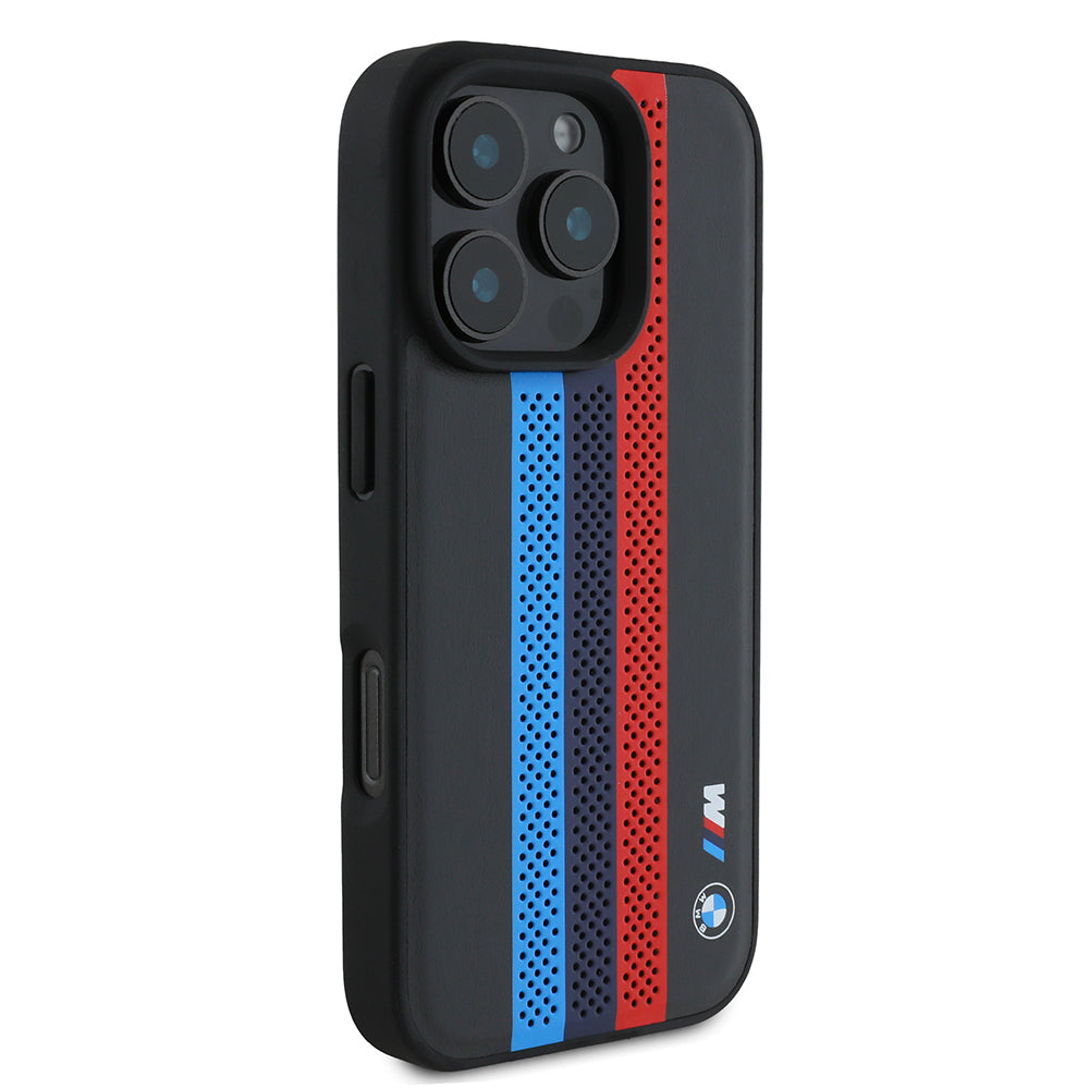 MagSafe Hülle für Apple iPhone 16 Pro Max, BMW, Perforated M Perf. Tricolor Stripers, Schwarz