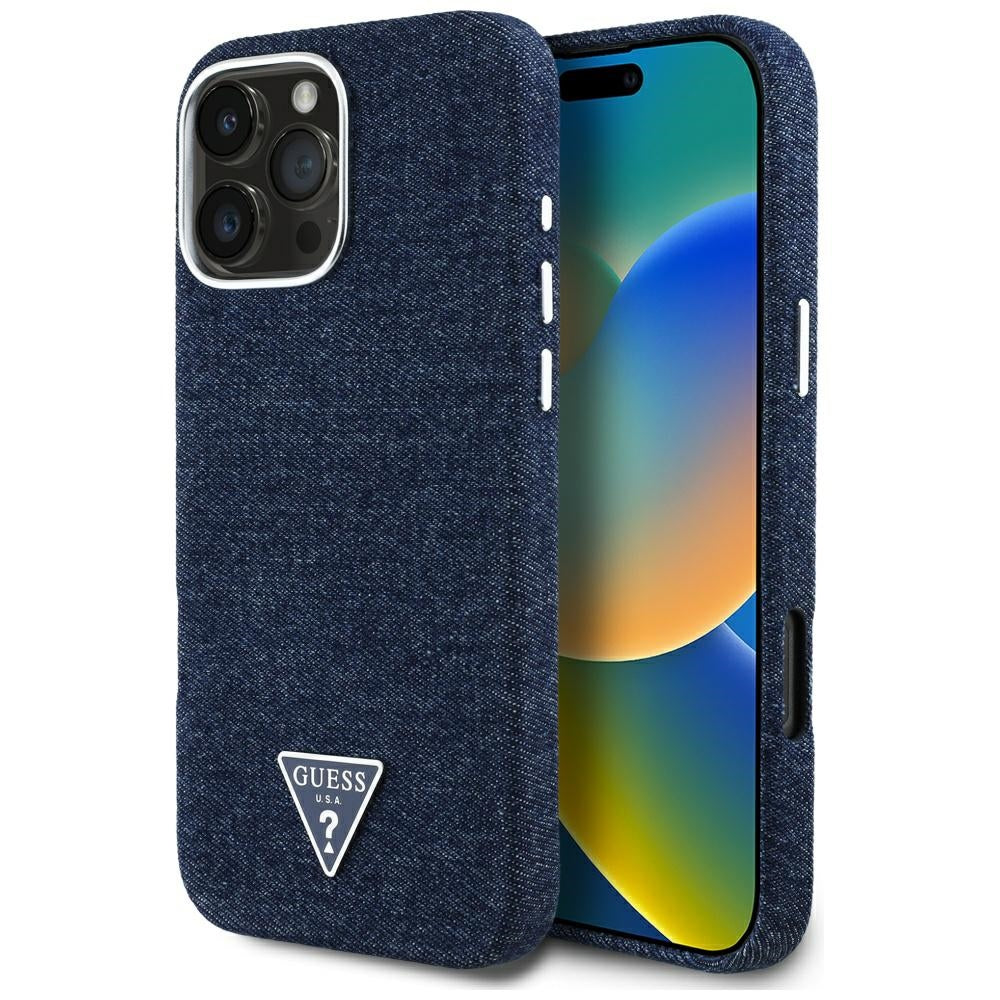 MagSafe Case for Apple iPhone 16 Pro Max, Guess, Denim Triangle Logo, Blue