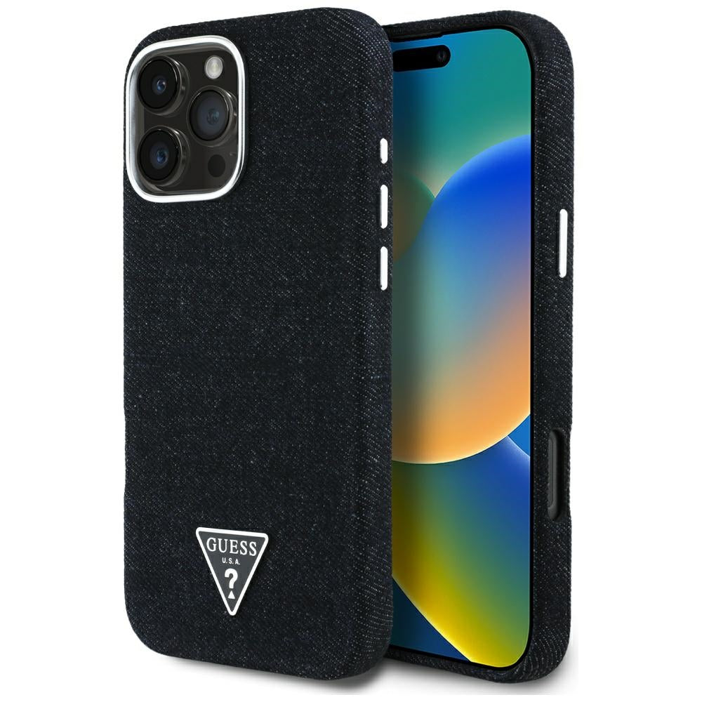 Coque MagSafe pour Apple iPhone 16 Pro Max, Guess, Logo Triangle en Denim, Noire