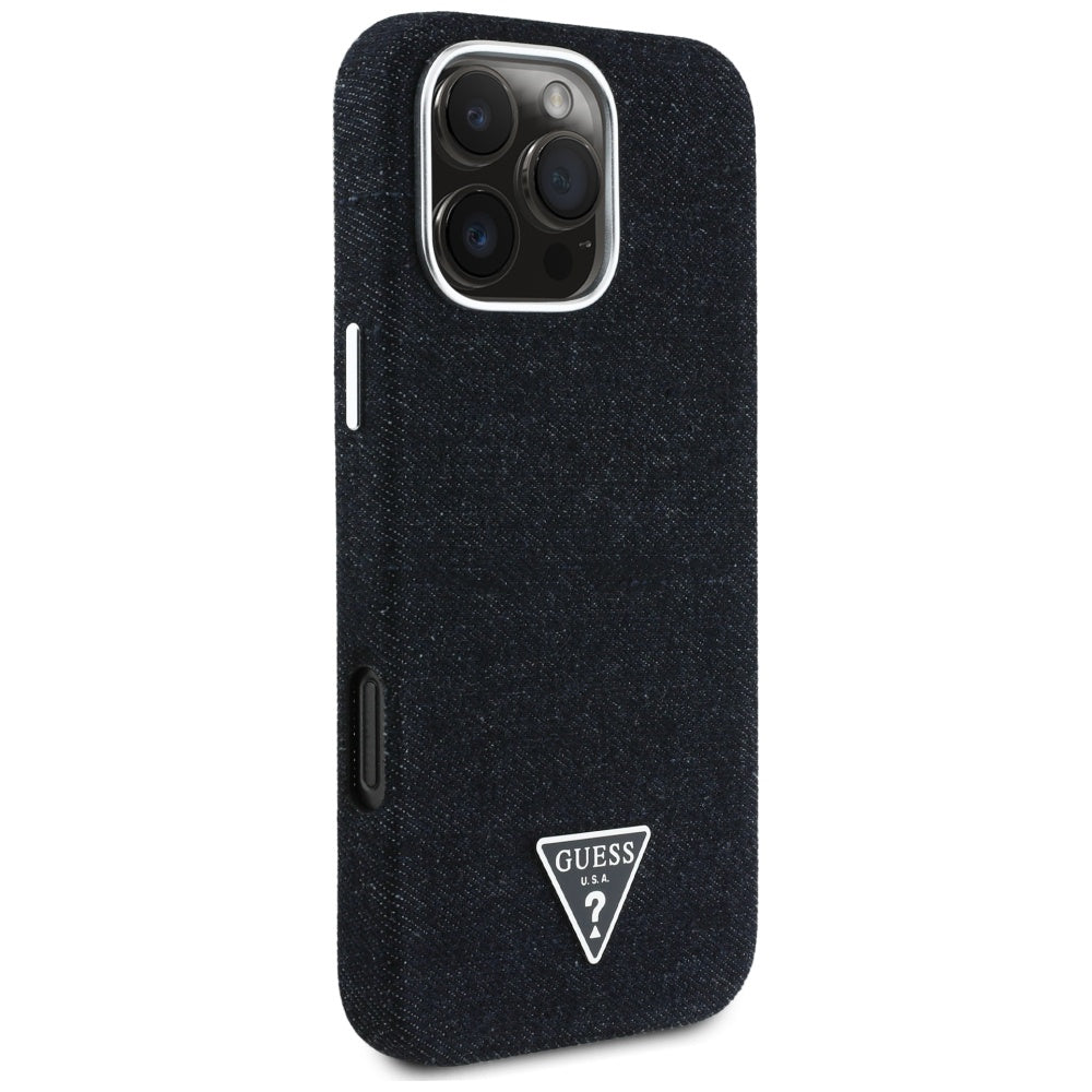 Coque MagSafe pour Apple iPhone 16 Pro Max, Guess, Logo Triangle en Denim, Noire