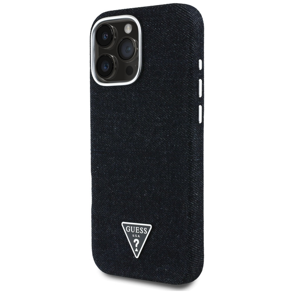 Coque MagSafe pour Apple iPhone 16 Pro Max, Guess, Logo Triangle en Denim, Noire