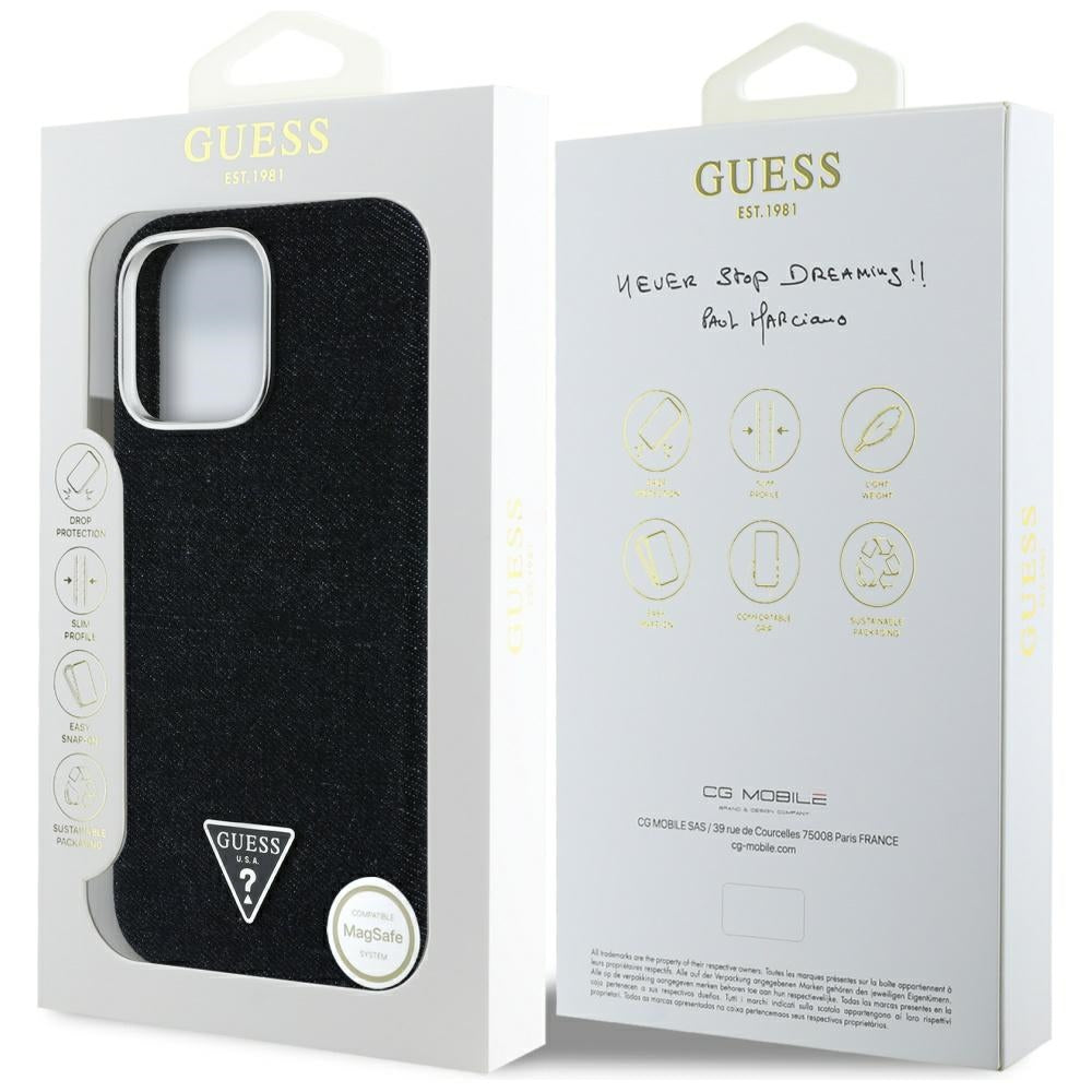 Coque MagSafe pour Apple iPhone 16 Pro Max, Guess, Logo Triangle en Denim, Noire