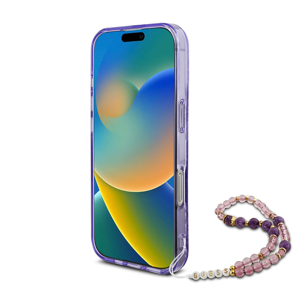 Étui MagSafe pour Apple iPhone 16 Pro Max, Guess, IML Flowers with Pearl Strap, Violet