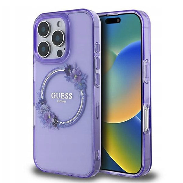 MagSafe Hülle für Apple iPhone 16 Pro Max, Guess, IML Flowers Wreath, Lila