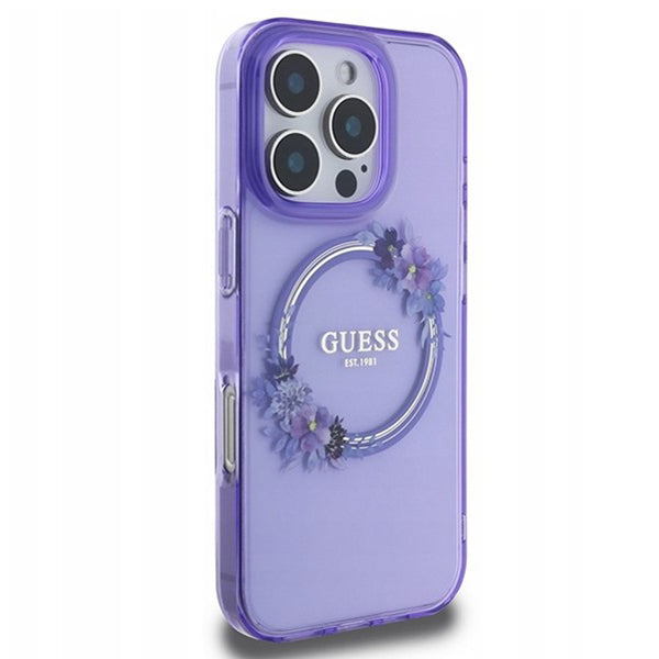 MagSafe Hülle für Apple iPhone 16 Pro Max, Guess, IML Flowers Wreath, Lila