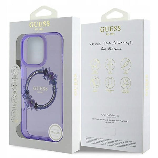 MagSafe Hülle für Apple iPhone 16 Pro Max, Guess, IML Flowers Wreath, Lila