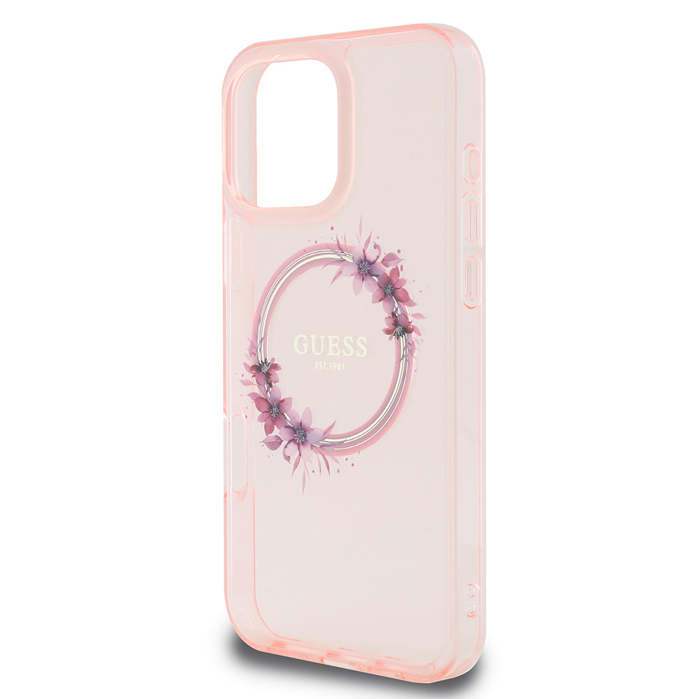Étui MagSafe pour Apple iPhone 16 Pro Max, Guess, IML Couronne de Fleurs, Rose