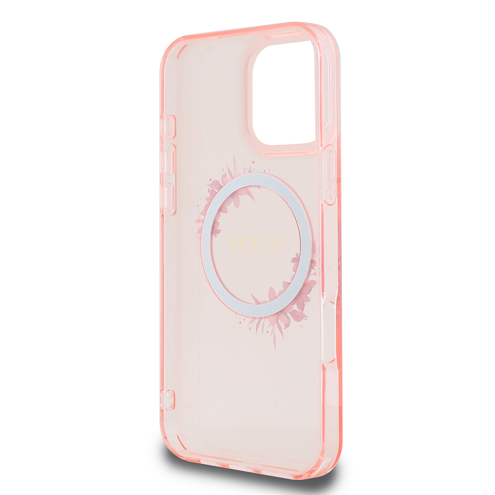 Étui MagSafe pour Apple iPhone 16 Pro Max, Guess, IML Couronne de Fleurs, Rose