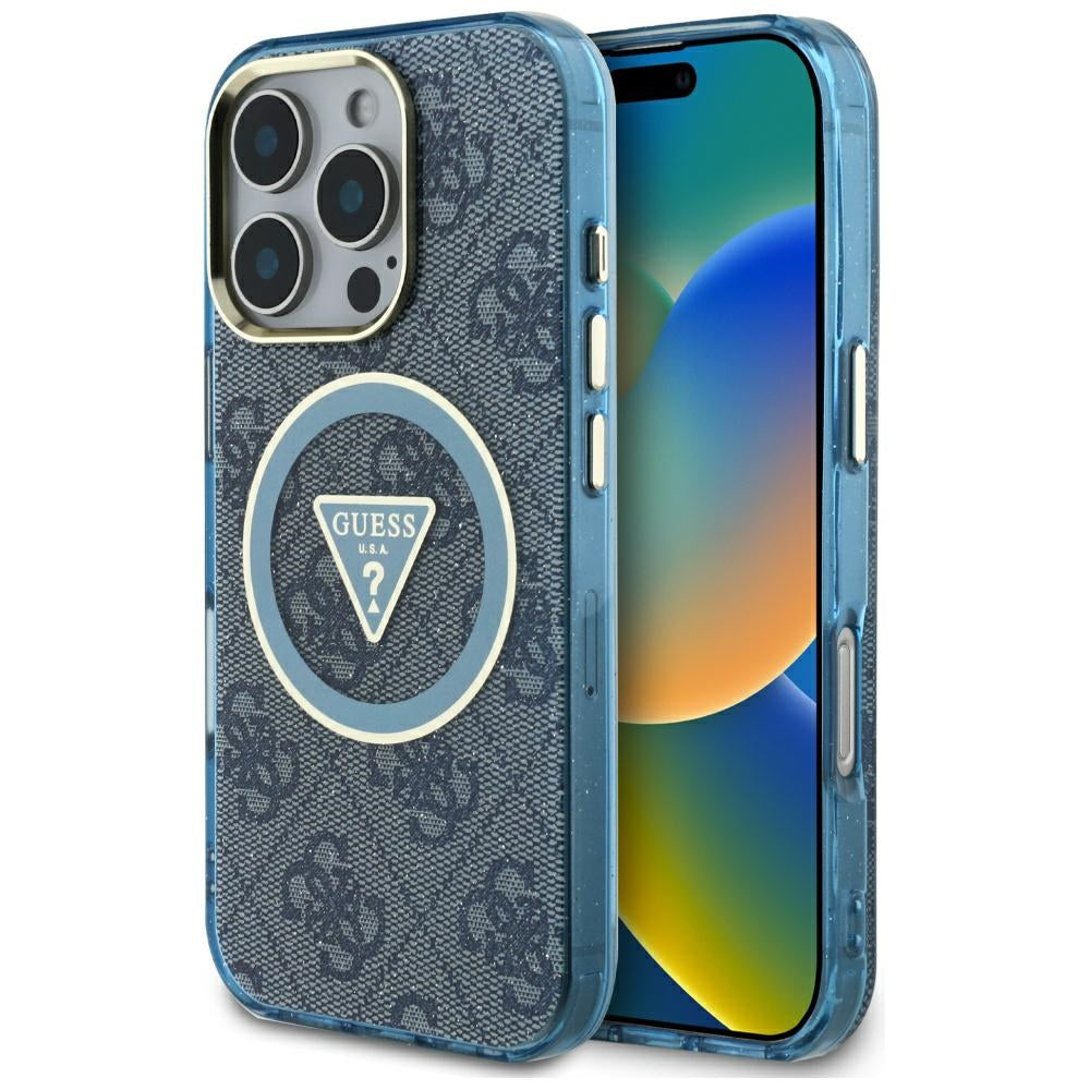 Étui MagSafe pour Apple iPhone 16 Pro Max, Guess, IML Glitter 4G Circle Triangle, Bleu