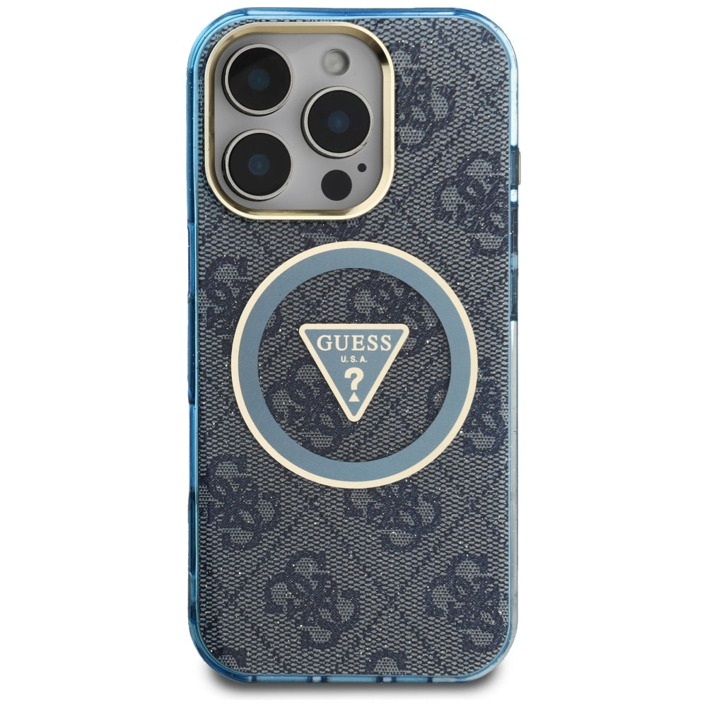 Étui MagSafe pour Apple iPhone 16 Pro Max, Guess, IML Glitter 4G Circle Triangle, Bleu