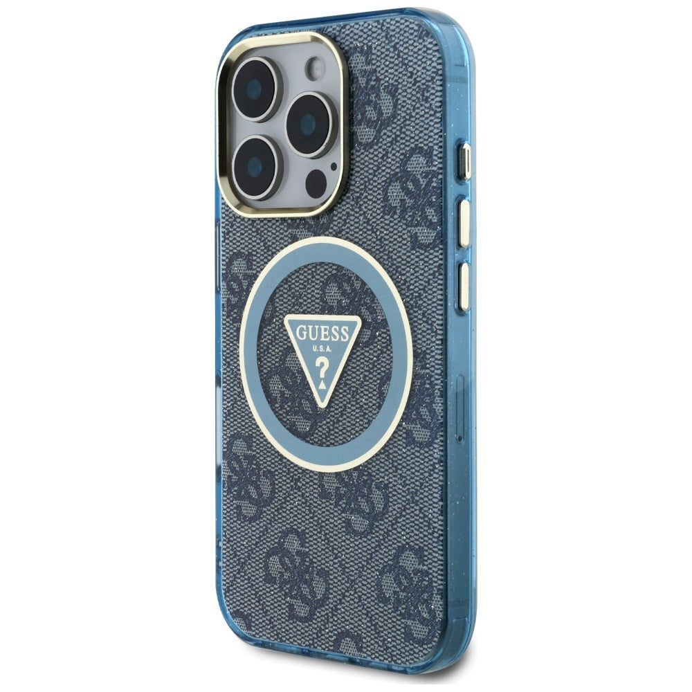 Étui MagSafe pour Apple iPhone 16 Pro Max, Guess, IML Glitter 4G Circle Triangle, Bleu