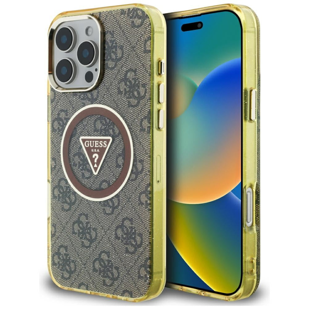 Étui MagSafe pour Apple iPhone 16 Pro Max, Guess, IML Glitter 4G Circle Triangle, Marron
