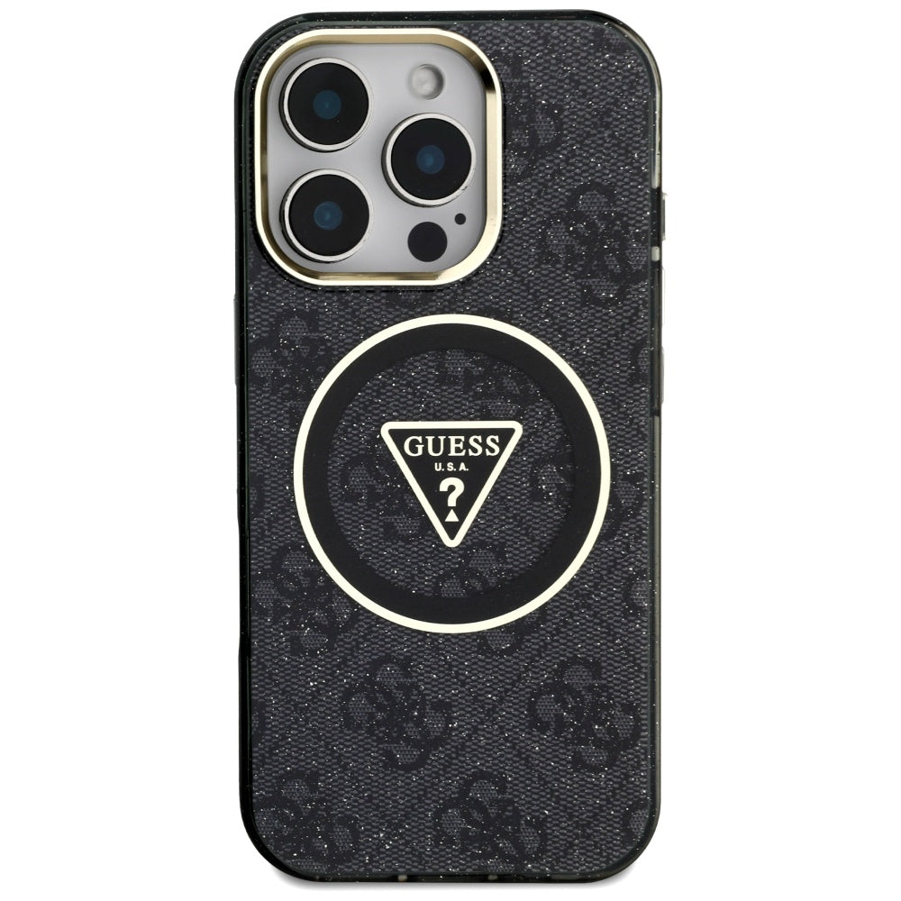 Coque MagSafe pour Apple iPhone 16 Pro Max, Guess, IML Glitter 4G Circle Triangle, Noire