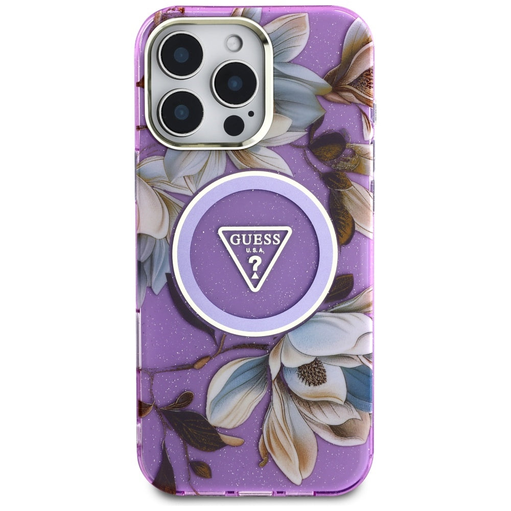 Étui MagSafe pour Apple iPhone 16 Pro Max, Guess, IML Metal Glitter Flowers Triangle, Violet