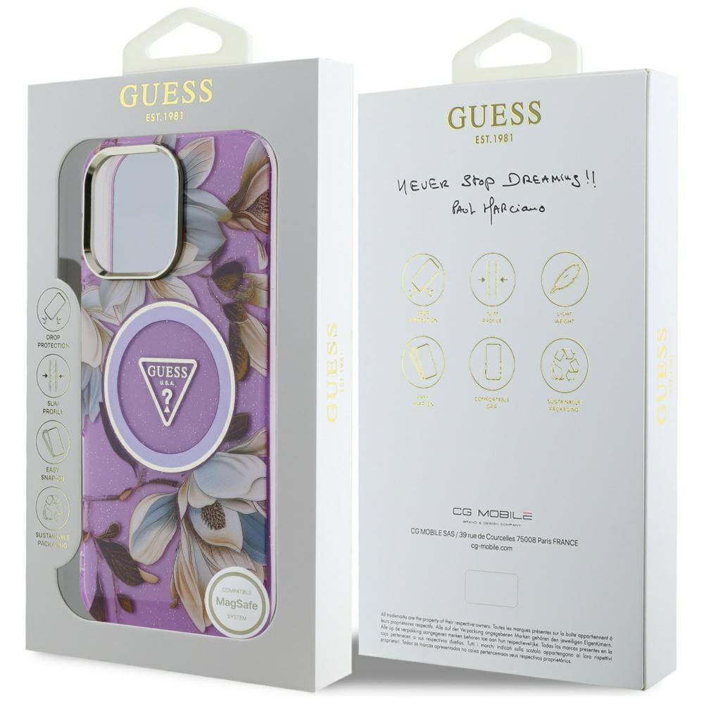 Étui MagSafe pour Apple iPhone 16 Pro Max, Guess, IML Metal Glitter Flowers Triangle, Violet