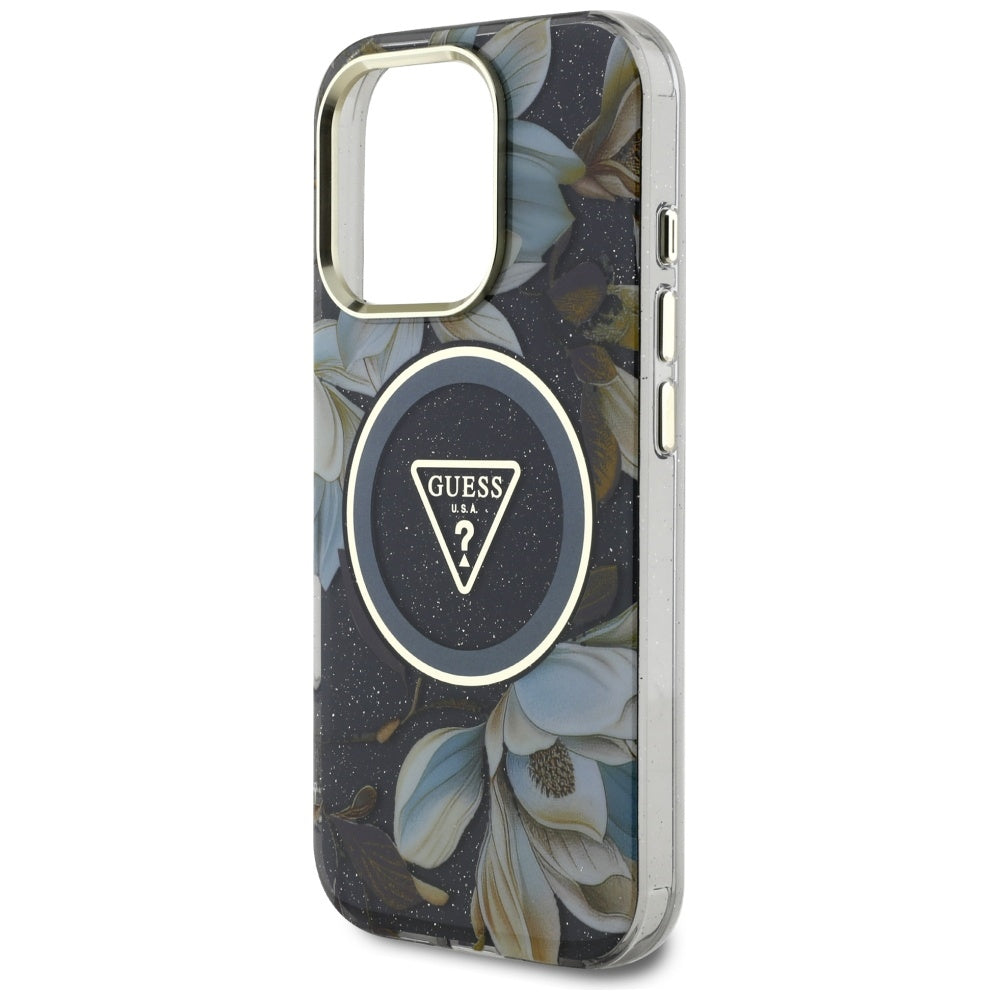 MagSafe Case for Apple iPhone 16 Pro Max, Guess, IML Metal Glitter Flowers Triangle, Black