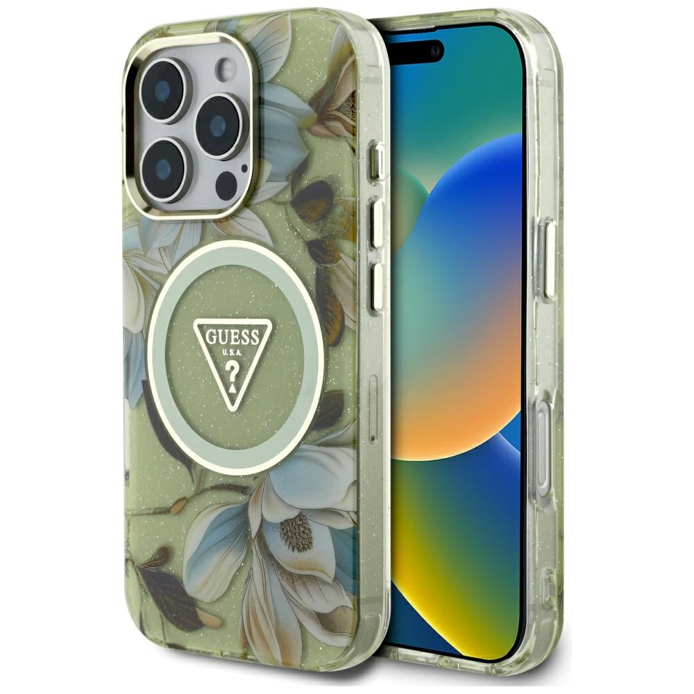 Étui MagSafe pour Apple iPhone 16 Pro Max, Guess, IML Metal Glitter Flowers Triangle, Vert