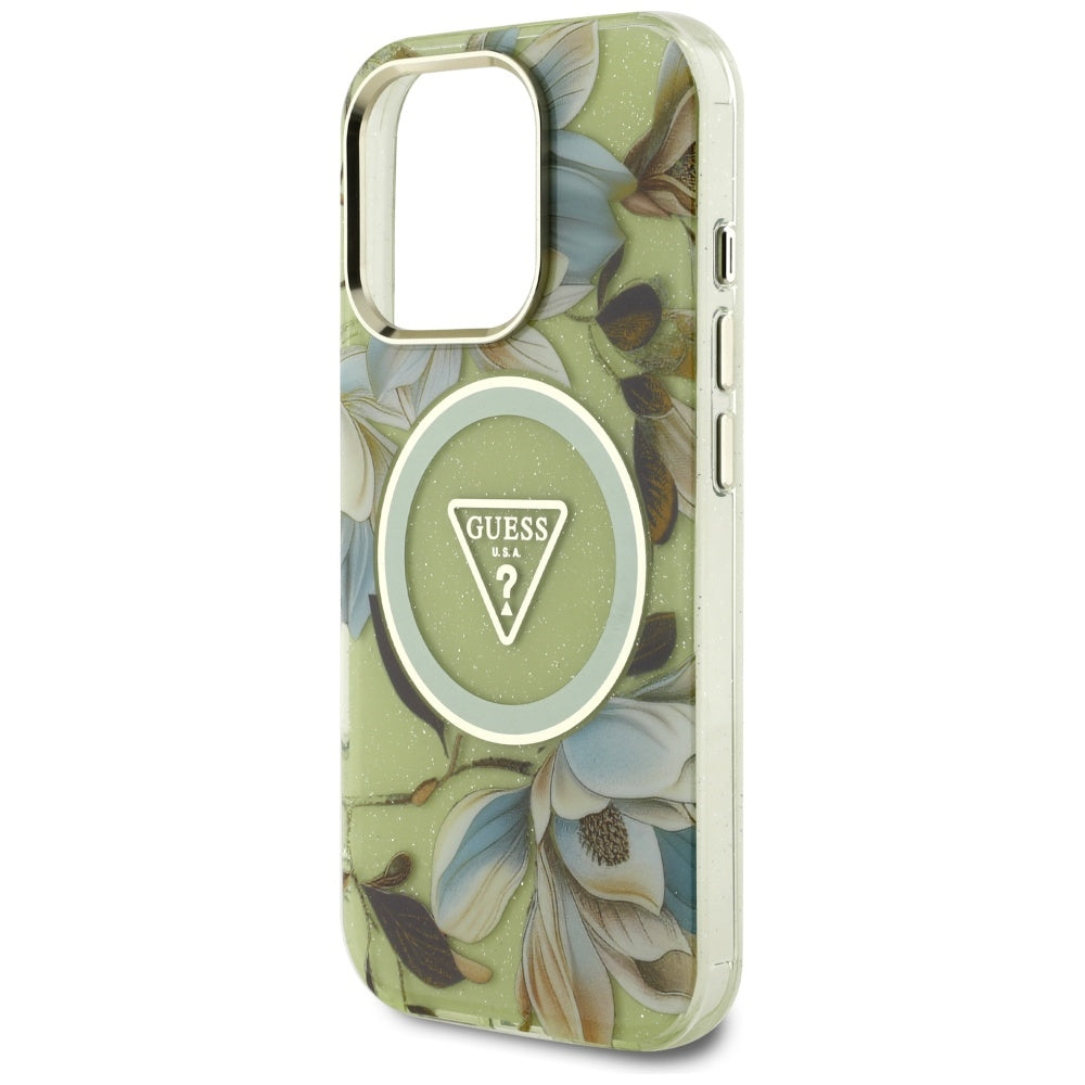 Étui MagSafe pour Apple iPhone 16 Pro Max, Guess, IML Metal Glitter Flowers Triangle, Vert