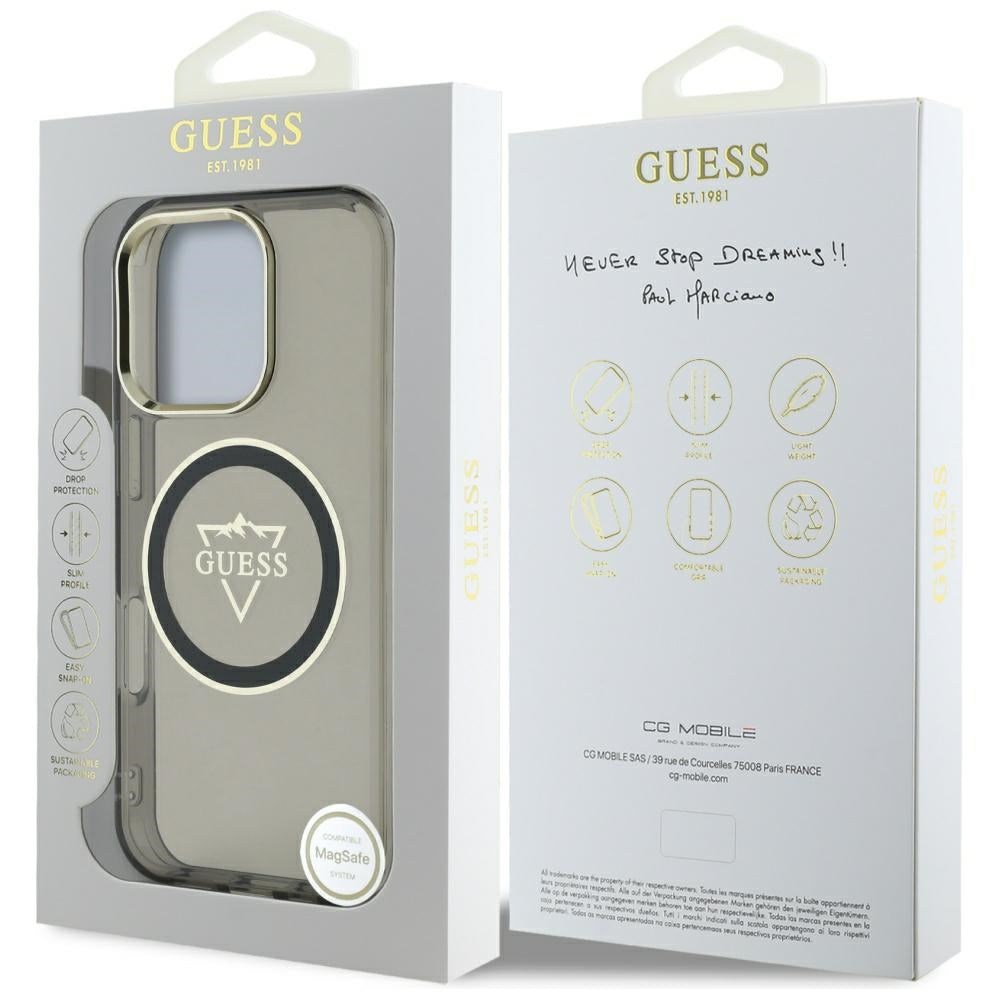 MagSafe Hülle für Apple iPhone 16 Pro Max, Guess, IML Metal Mountain Logo, Schwarz