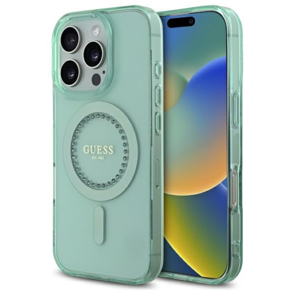 Étui MagSafe pour Apple iPhone 16 Pro Max, Guess, IML Rhinestone, Vert