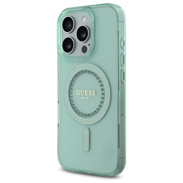 Étui MagSafe pour Apple iPhone 16 Pro Max, Guess, IML Rhinestone, Vert