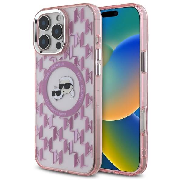 Étui MagSafe pour Apple iPhone 16 Pro Max, Karl Lagerfeld, IML Monogramme Karl & Têtes de Choupette, Rose