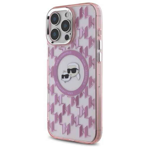 Étui MagSafe pour Apple iPhone 16 Pro Max, Karl Lagerfeld, IML Monogramme Karl & Têtes de Choupette, Rose
