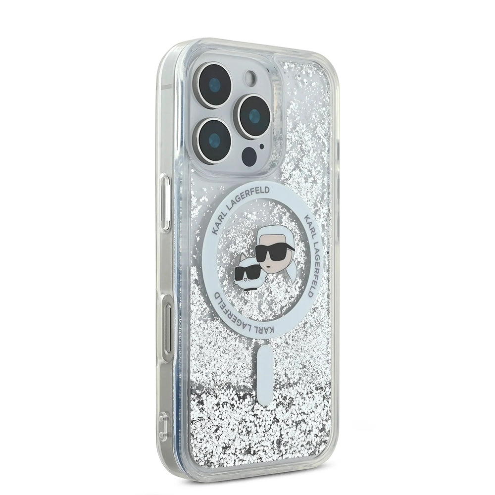 Coque MagSafe pour Apple iPhone 16 Pro Max, Karl Lagerfeld, Liquid Glitter Karl & Choupette's Heads, Transparente