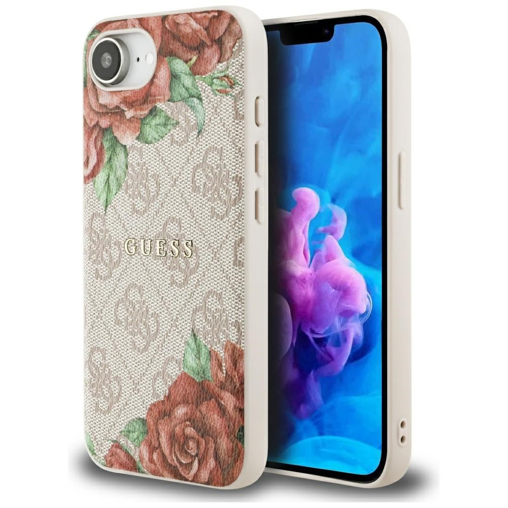 Étui MagSafe pour Apple iPhone 17e / 16e, Guess, Imprimé Fleurs 4G, Rose