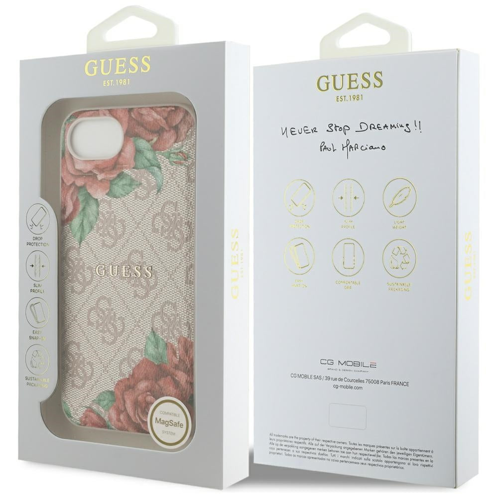 Étui MagSafe pour Apple iPhone 17e / 16e, Guess, Imprimé Fleurs 4G, Rose