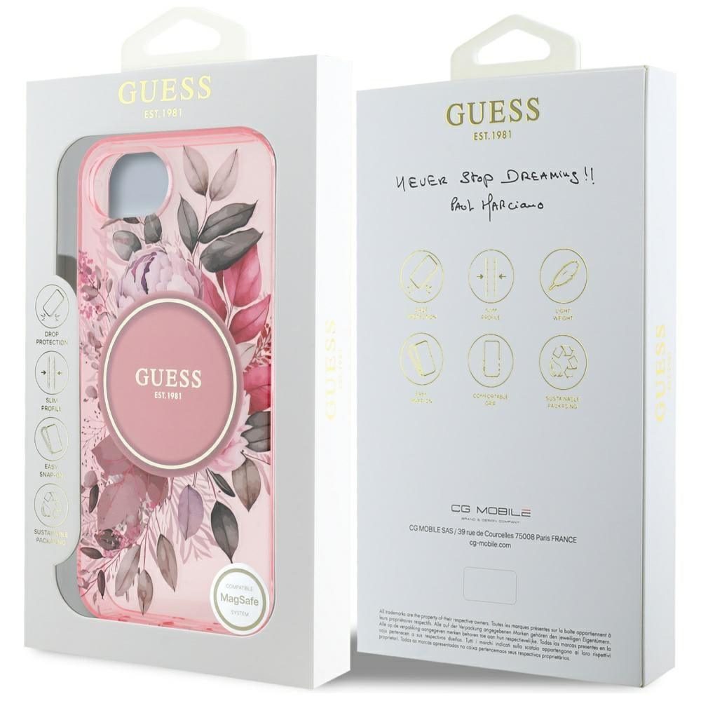 Étui MagSafe pour Apple iPhone 17e / 16e, Guess, IML Flowers, Rose