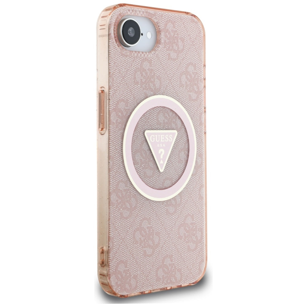 Étui MagSafe pour Apple iPhone 17e / 16e, Guess, IML Glitter 4G Cercle Triangle, Rose