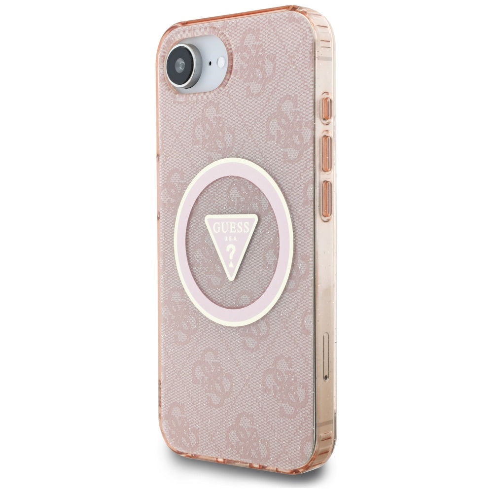 Étui MagSafe pour Apple iPhone 17e / 16e, Guess, IML Glitter 4G Cercle Triangle, Rose