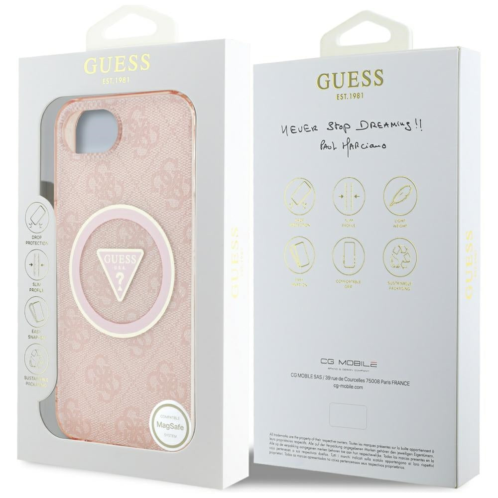 Étui MagSafe pour Apple iPhone 17e / 16e, Guess, IML Glitter 4G Cercle Triangle, Rose
