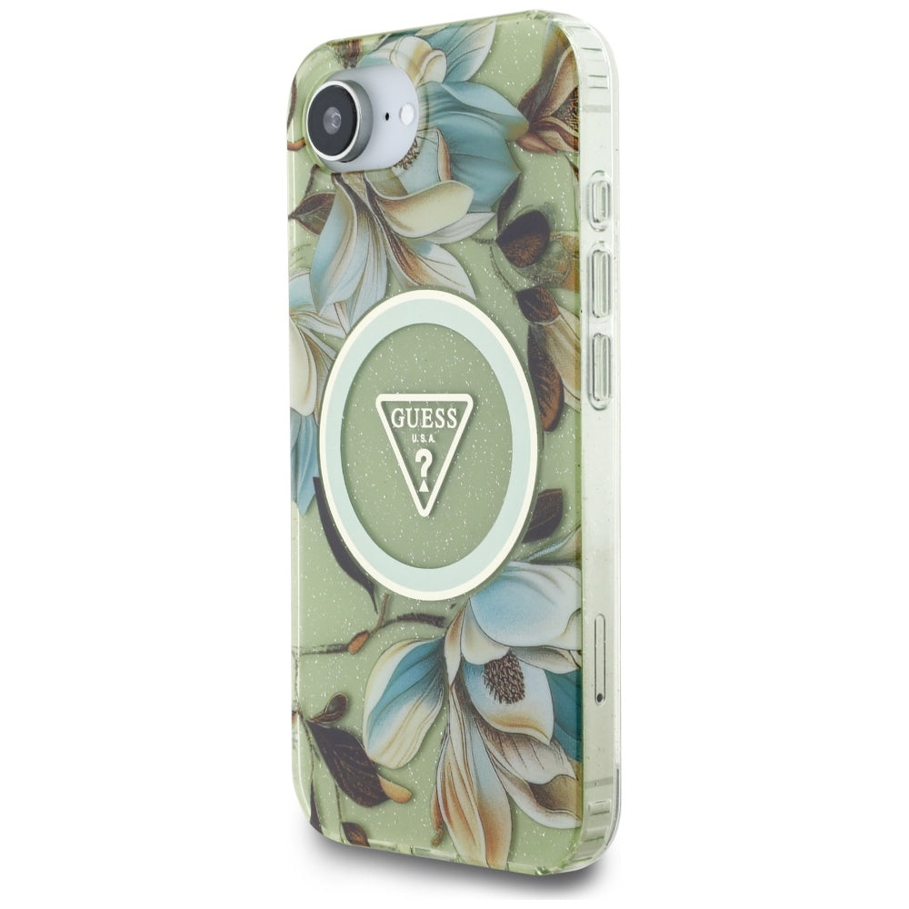 MagSafe Hülle für Apple iPhone 17e / 16e, Guess, IML Metal Glitter Flowers Triangle, Grün