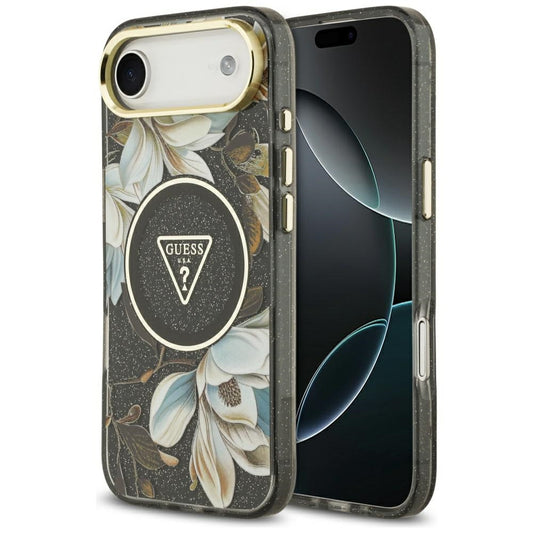 Étui MagSafe pour Apple iPhone 17 Air, Guess, IML Metal Glitter Flowers Triangle, Noir