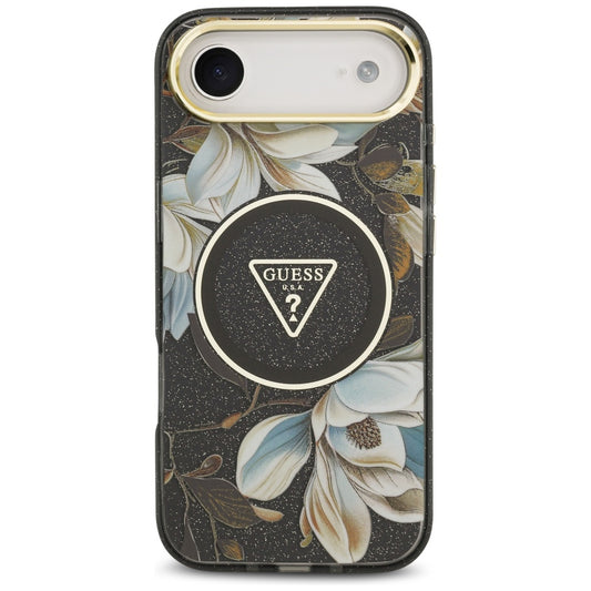 Étui MagSafe pour Apple iPhone 17 Air, Guess, IML Metal Glitter Flowers Triangle, Noir