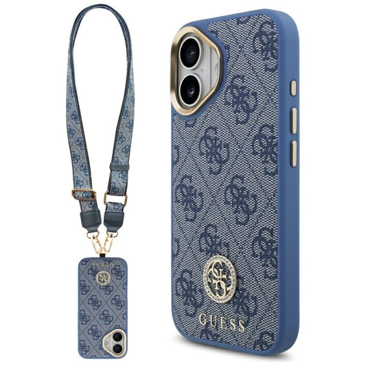 Coque MagSafe pour Apple iPhone 17, Guess, 4G Strass Logo avec Grande Bandoulière, Bleue