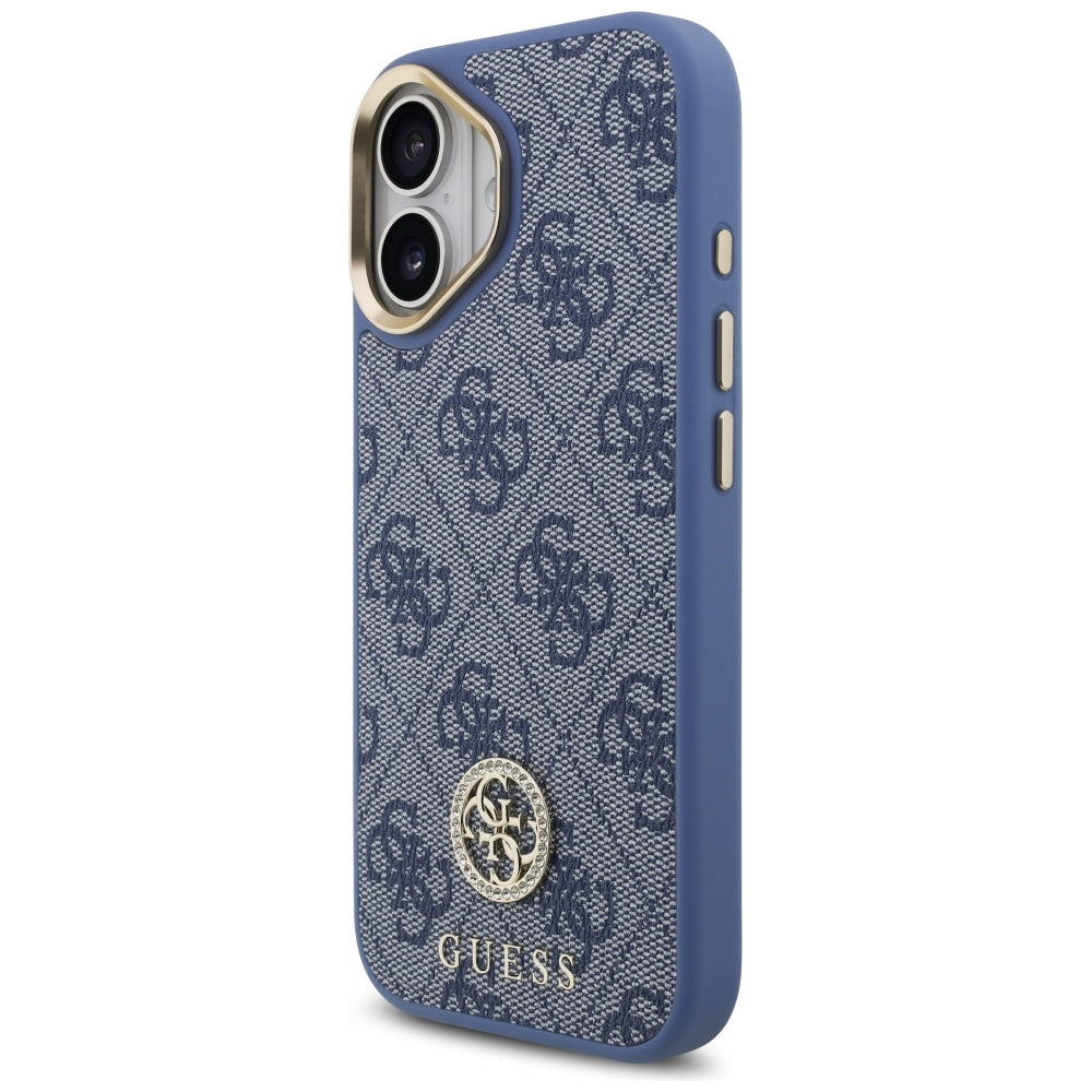 MagSafe Hülle für Apple iPhone 17, Guess, 4G Strass Logo mit großem Band, Blau