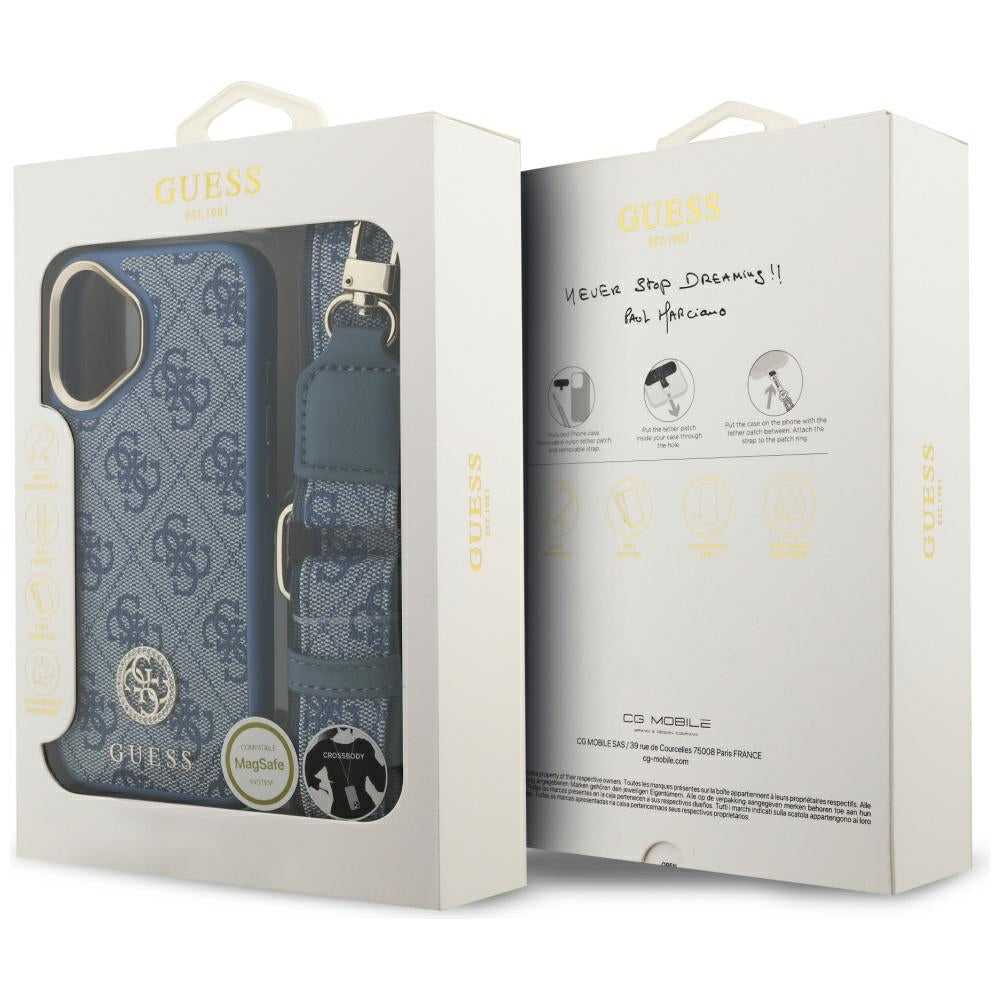 MagSafe Hülle für Apple iPhone 17, Guess, 4G Strass Logo mit großem Band, Blau