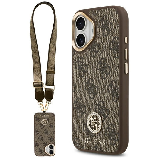 Étui MagSafe pour Apple iPhone 17, Guess, Logo Strass 4G avec Grande Bandoulière, Marron