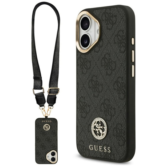 Étui MagSafe pour Apple iPhone 17, Guess, Logo Strass 4G avec Grande Bandoulière, Noir