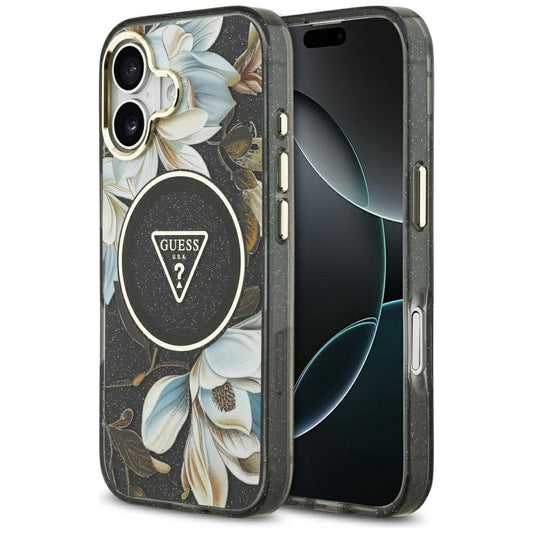 Étui MagSafe pour Apple iPhone 17, Guess, IML Metal Glitter Flowers Triangle, Noir